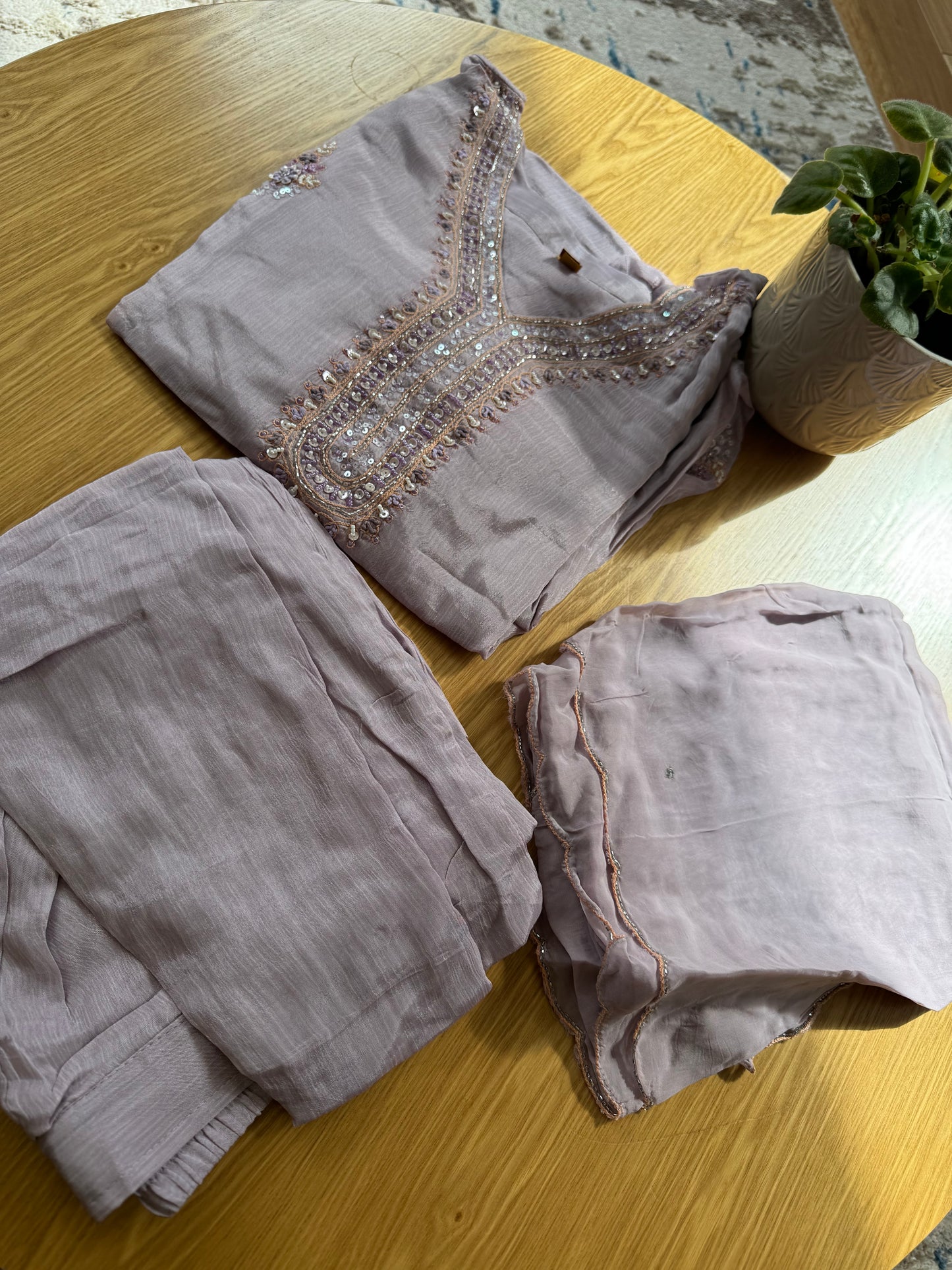 Light Purple Embroidered Chinnon Suit